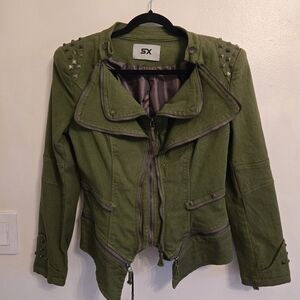 SX Green Bomber Moto Twill Jacket Zippers Studs Med NWT Grunge Goth Streetwear